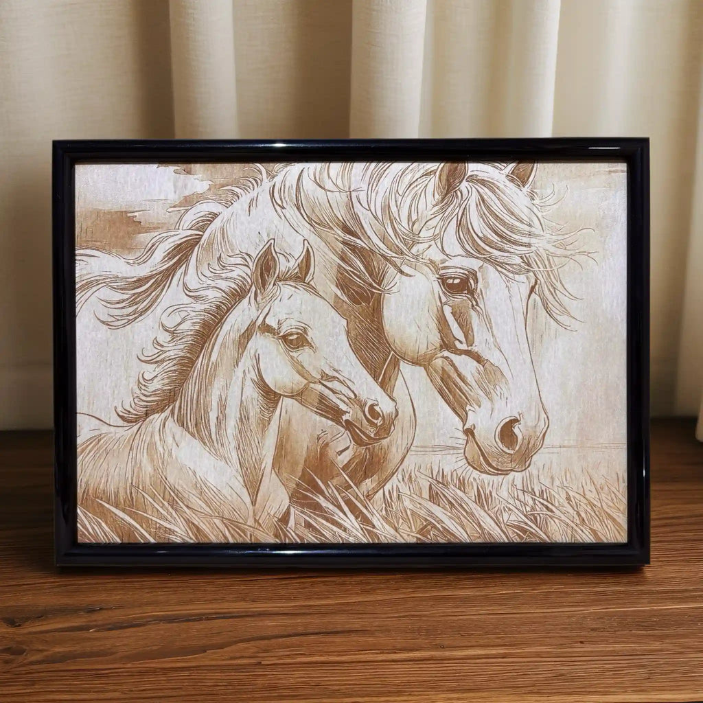 Detailed wood engraving of a majestic mare and her foal by Laser Design Creations