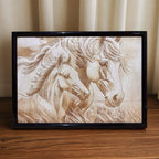 Detailed wood engraving of a majestic mare and her foal by Laser Design Creations