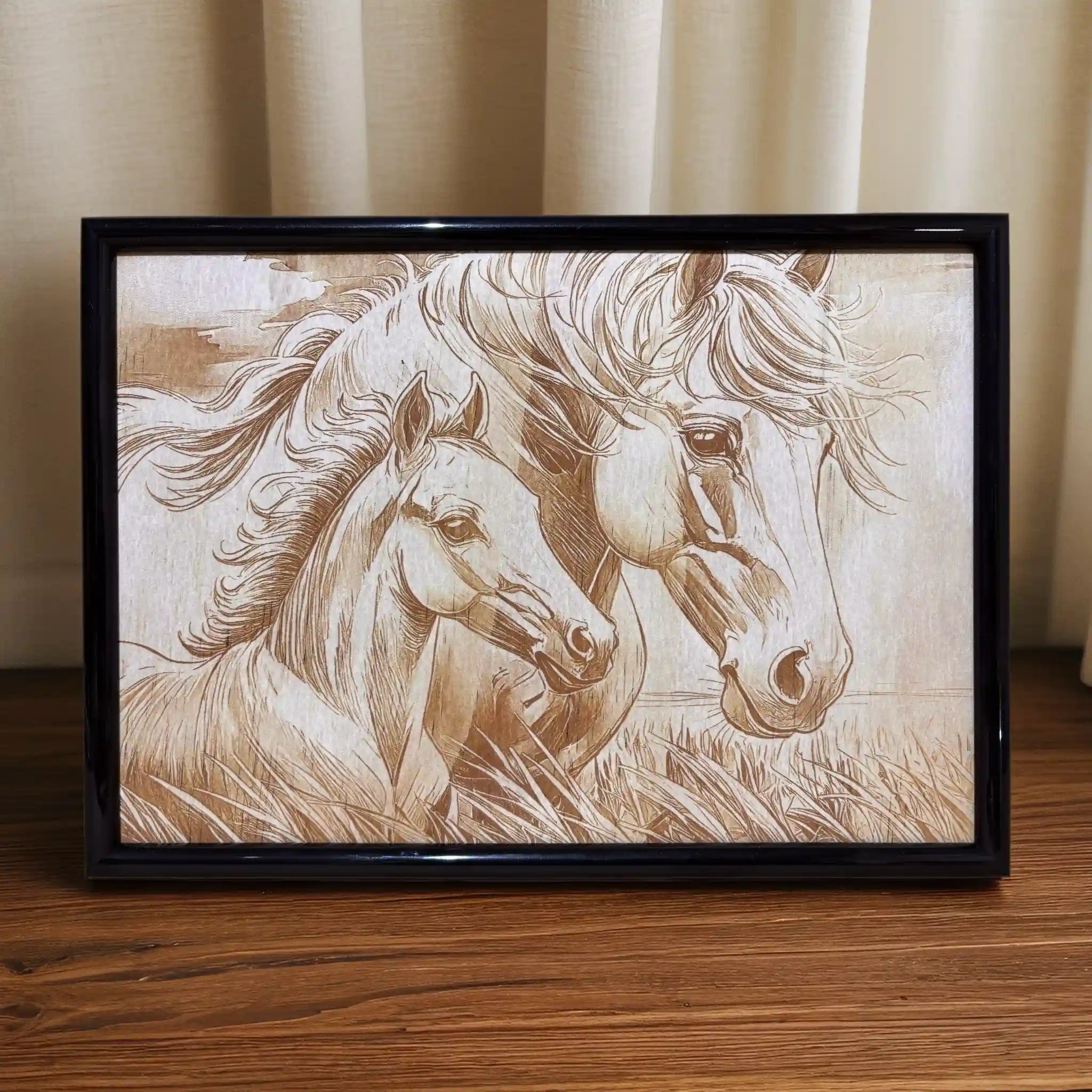 Detailed wood engraving of a majestic mare and her foal by Laser Design Creations