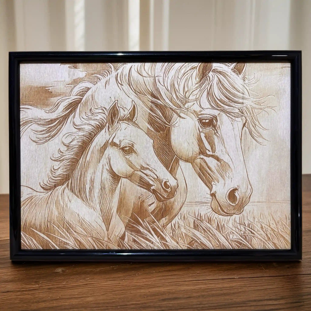 Close up view of detailed wood engraving of a majestic mare and her foal by Laser Design Creations