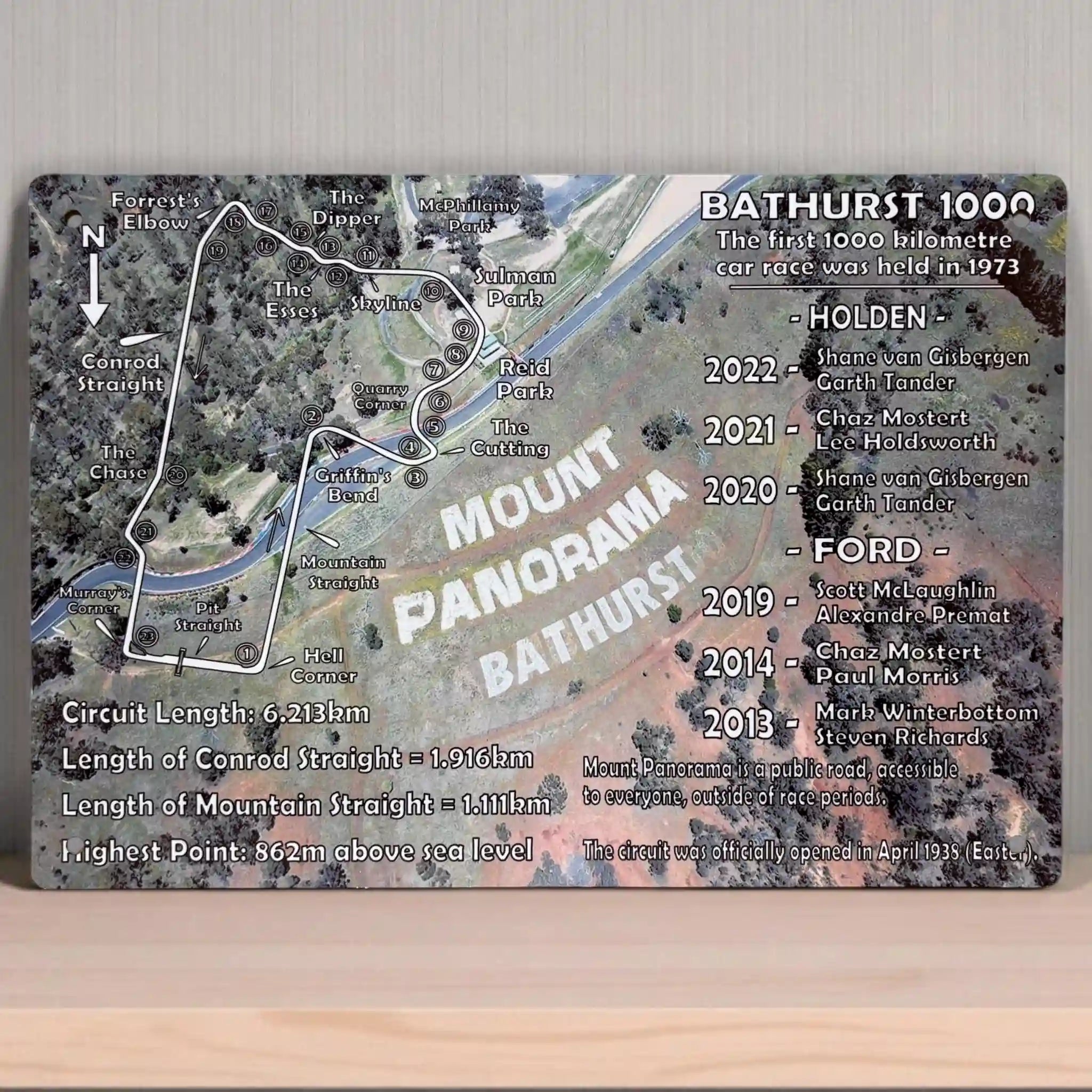 Mount Panorama Winners List Aluminium Sign by Laser Design Creations, featuring a detailed map of the iconic Bathurst race circuit and a commemorative list of past champions.