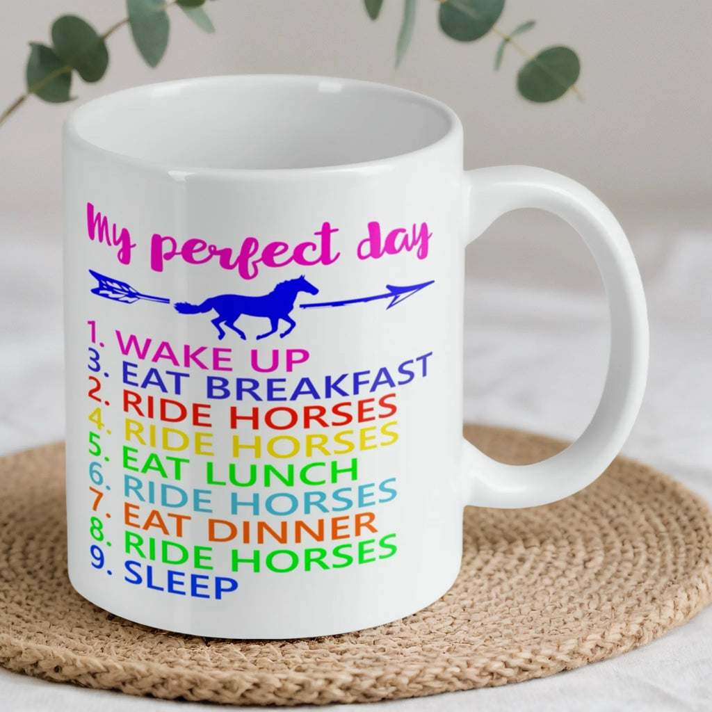 Reverse side of the 'My Perfect Day' horse rider ceramic mug, showcasing the wrap-around artwork by Laser Design Creations.