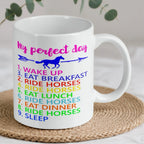 Reverse side of the 'My Perfect Day' horse rider ceramic mug, showcasing the wrap-around artwork by Laser Design Creations.