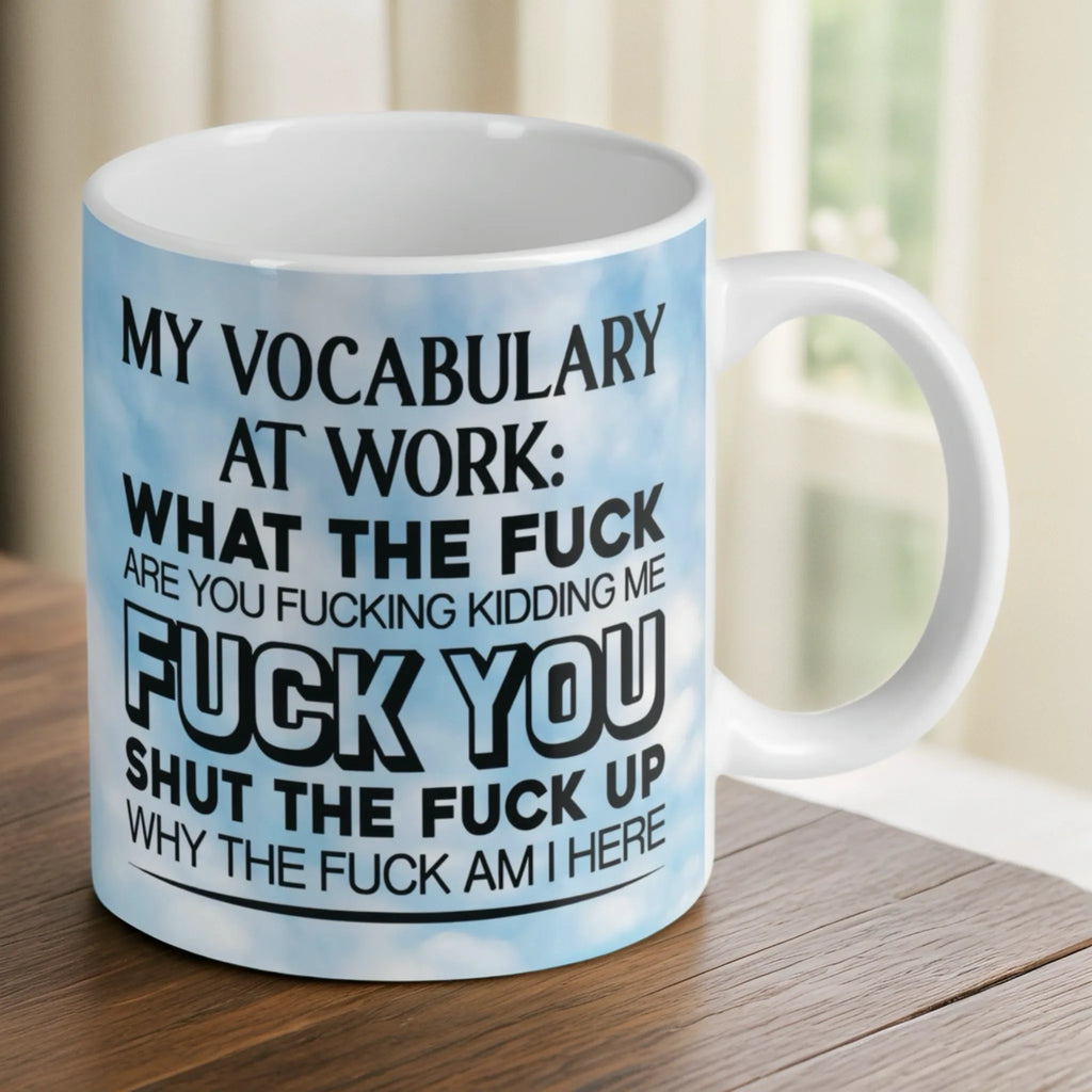 Reverse side of My Vocabulary At Work Sweary mug, showcasing the humorous profanity list on a cloudy sky backdrop by Laser Design Creations.