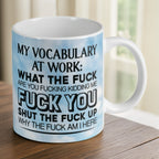 Reverse side of My Vocabulary At Work Sweary mug, showcasing the humorous profanity list on a cloudy sky backdrop by Laser Design Creations.