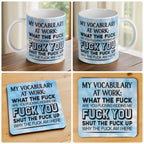 My Vocabulary At Work Sweary mug and coaster combo gift set collage, hilarious office swearing theme and a blue sky background, by Laser Design Creations.