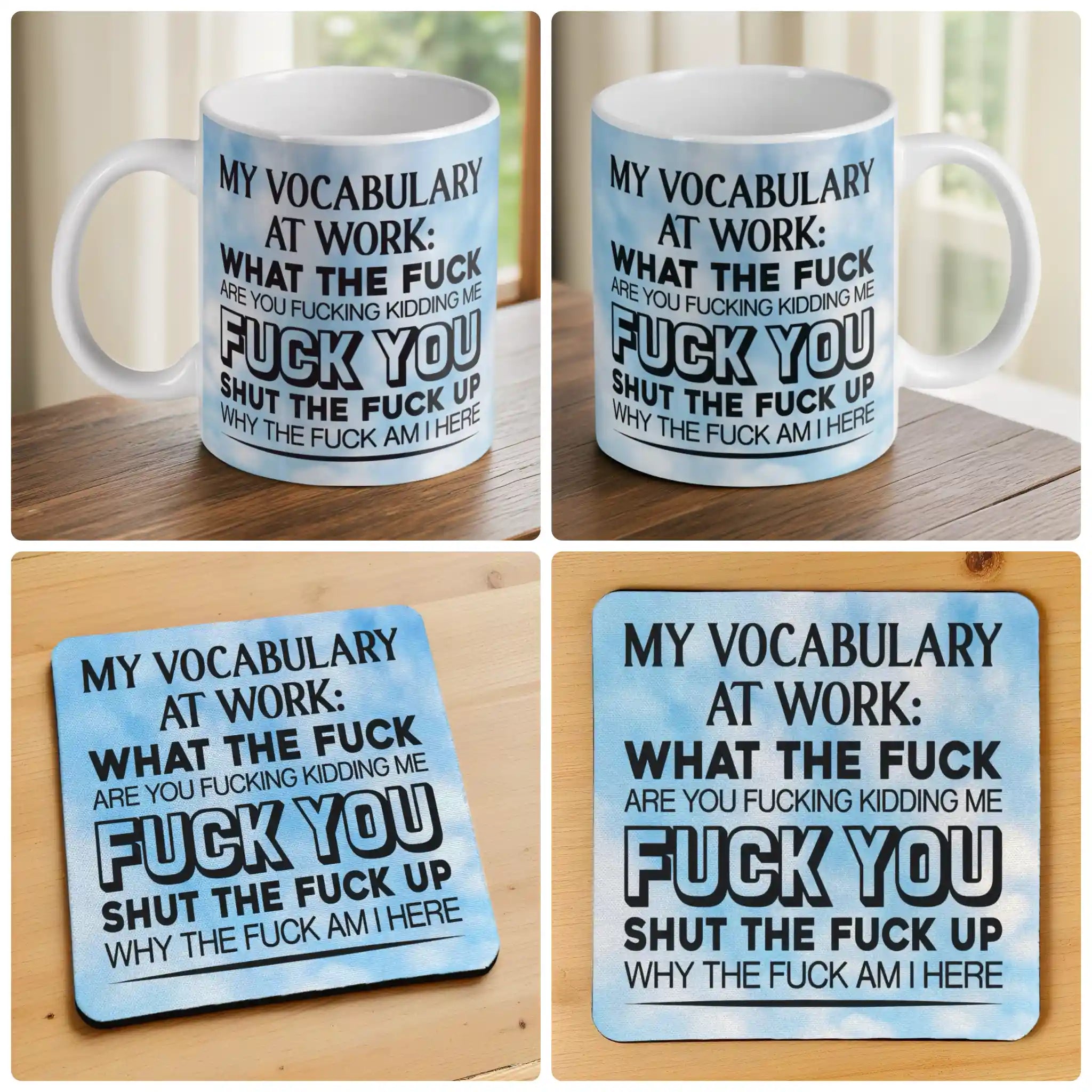 My Vocabulary At Work Sweary mug and coaster combo gift set collage, hilarious office swearing theme and a blue sky background, by Laser Design Creations.