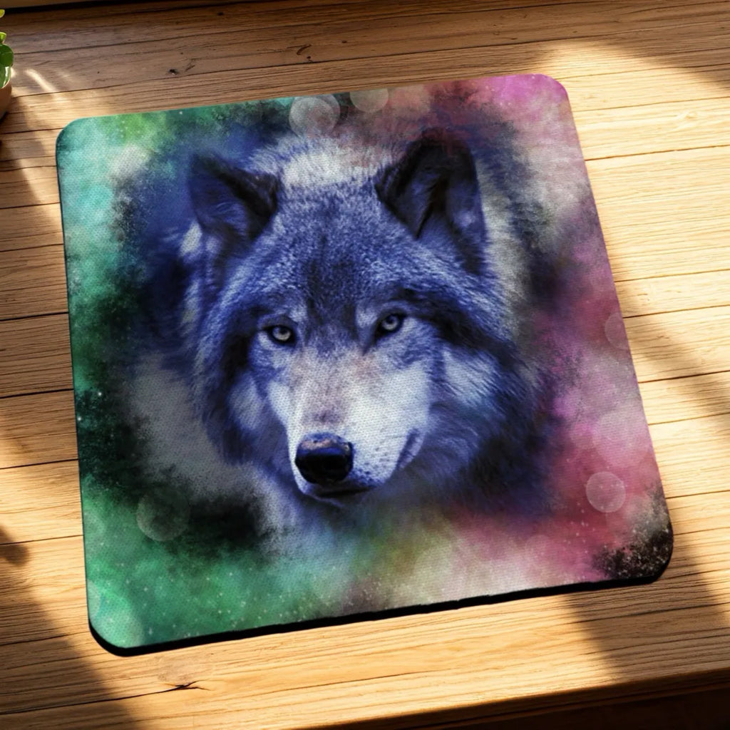 Side view of Mystical Galaxy Wolf neoprene coasters, showcasing a majestic wolf silhouette filled with a vibrant cosmic watercolour galaxy of stars and celestial clouds by Laser Design Creations.