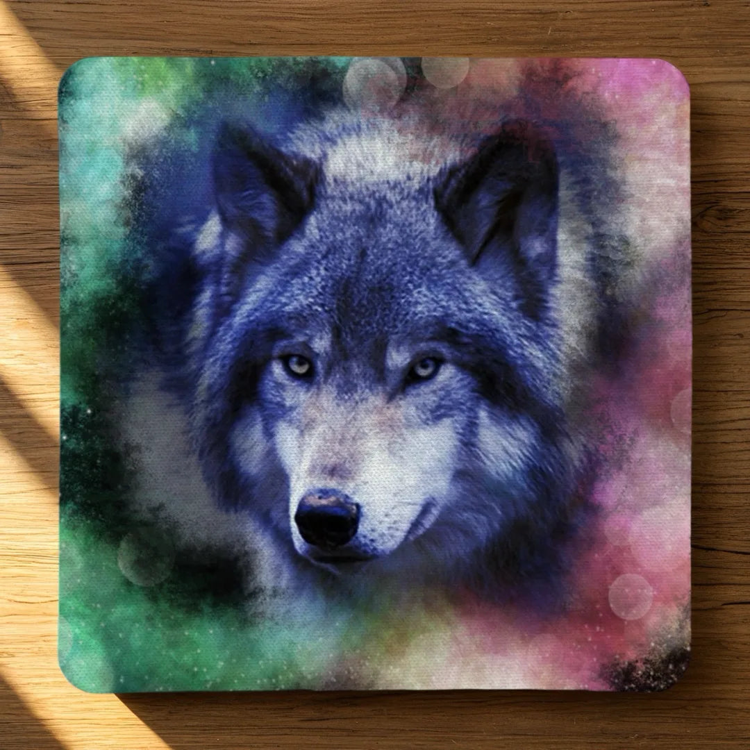 Mystical Galaxy Wolf neoprene coasters by Laser Design Creations, featuring a stunning wolf portrait blended with colourful space nebula and cosmic dust elements.
