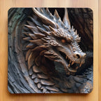 Mythical Carved Look Dragon neoprene coasters by Laser Design Creations, featuring a detailed mythical dragon head with a rustic carved appearance and 3D effect.