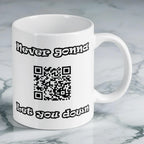 Reverse side of Rick Roll QR code prank ceramic mug, showcasing the 'Never gonna let you down' retro meme design by Laser Design Creations.