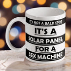 Not A Bald Spot Solar Panel ceramic mug by Laser Design Creations, featuring bold, minimalist typography with a funny joke about baldness on a clean background.