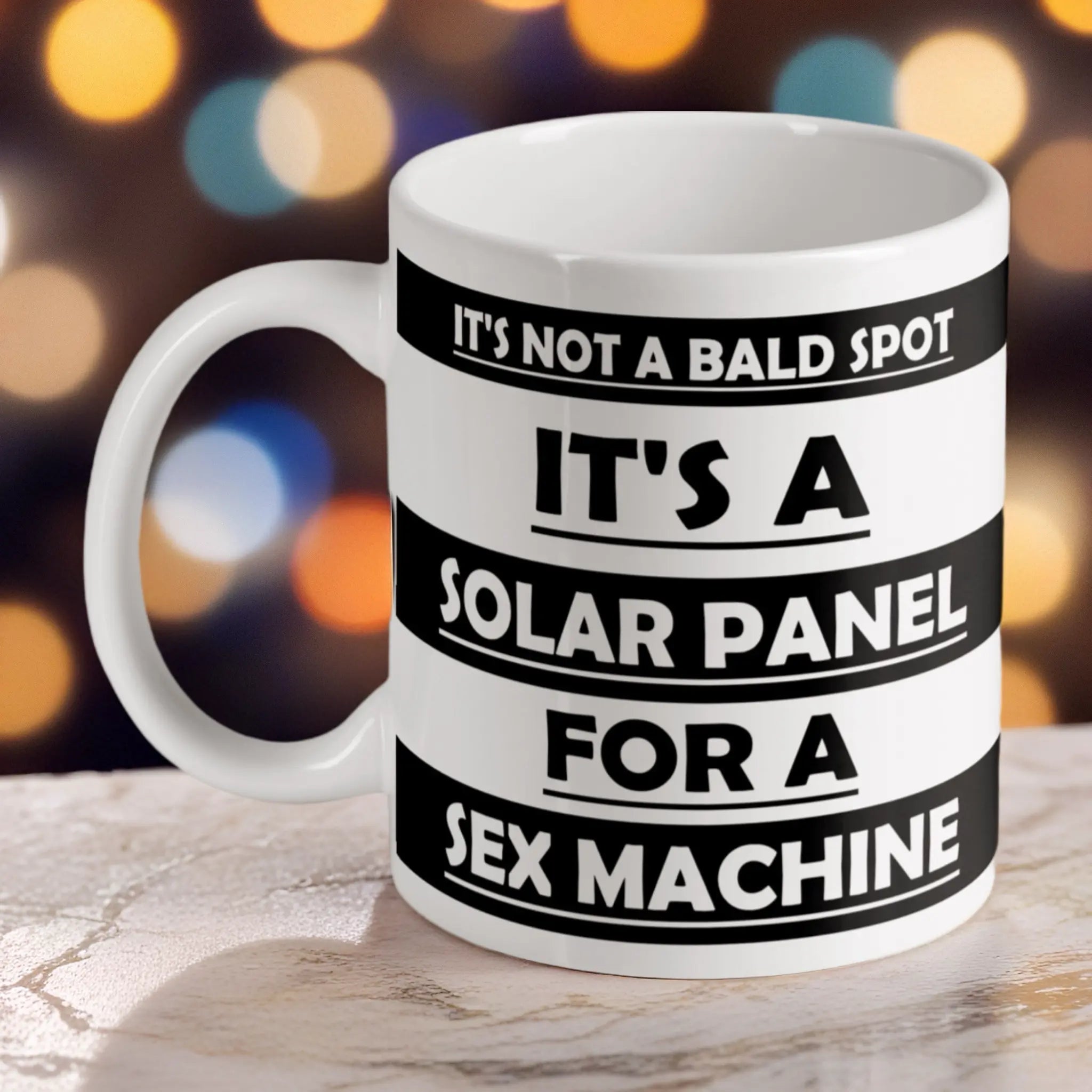 Not A Bald Spot Solar Panel ceramic mug by Laser Design Creations, featuring bold, minimalist typography with a funny joke about baldness on a clean background.