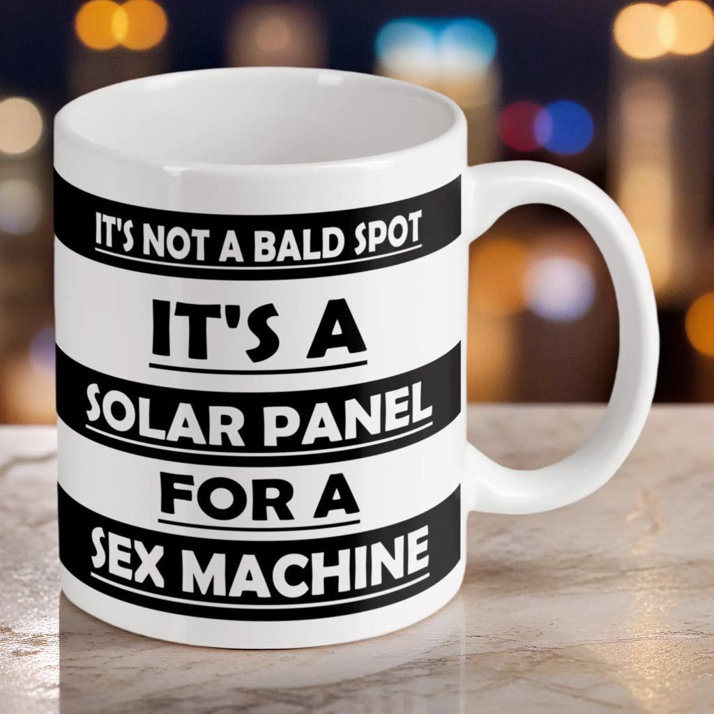 Reverse side of Not A Bald Spot Solar Panel mug, showing the repeating humorous text layout on a ceramic surface by Laser Design Creations.