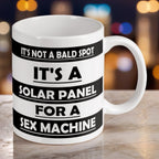 Reverse side of Not A Bald Spot Solar Panel mug, showing the repeating humorous text layout on a ceramic surface by Laser Design Creations.