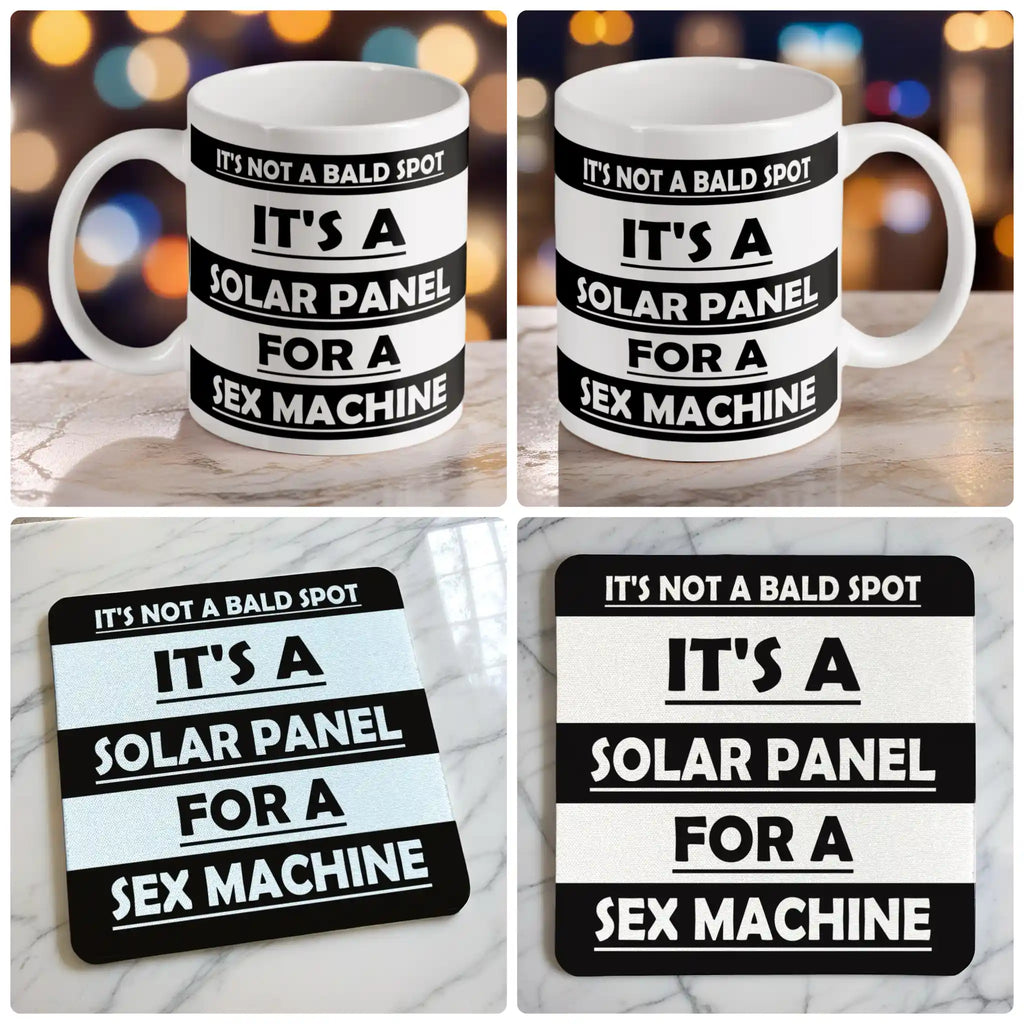 Not A Bald Spot Solar Panel mug and coaster combo gift set collage, featuring a humourous novelty theme set against a neutral kitchen background, by Laser Design Creations.