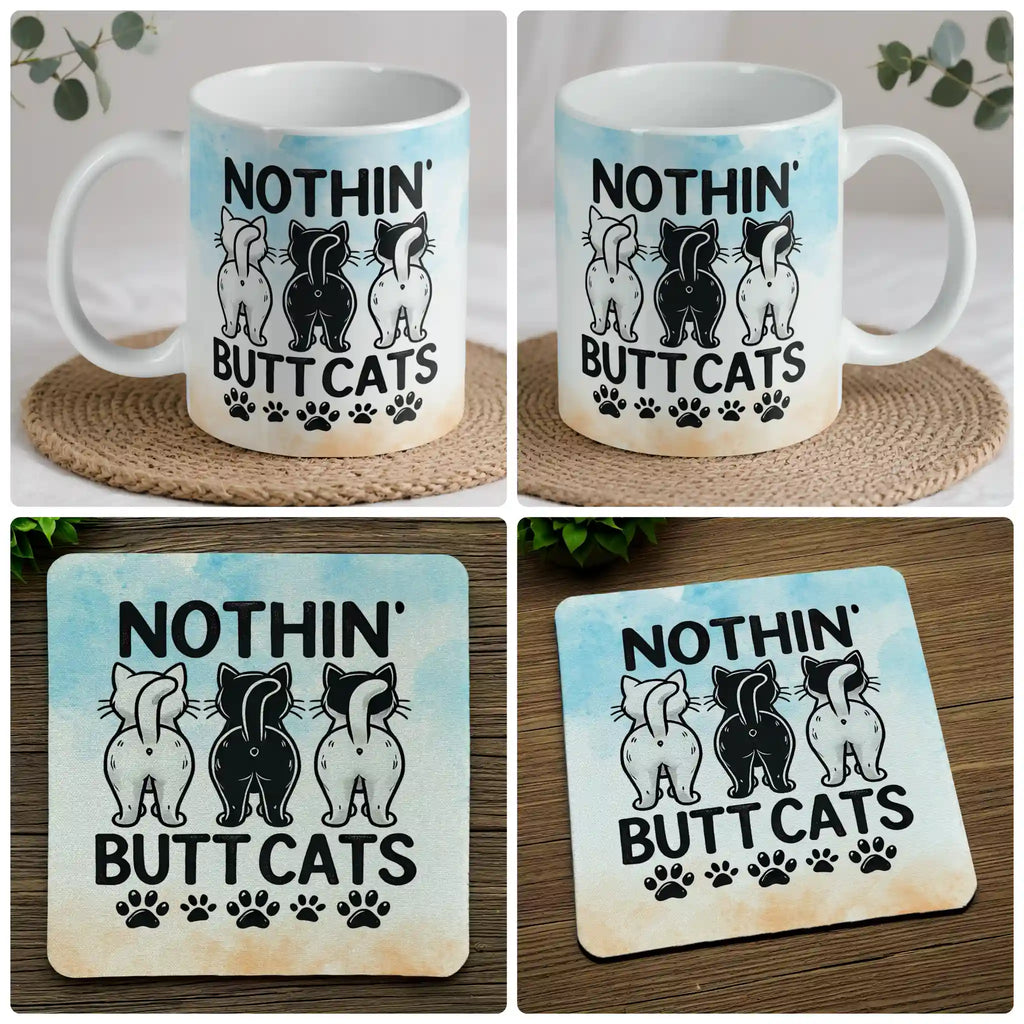 Nothin' Butt Cats mug and coaster combo gift set collage, humorous cat theme displaying playful cat butts and the quote, suitable for cat lovers, by Laser Design Creations.