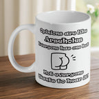 'Opinions are like Arseholes' ceramic mug by Laser Design Creations, featuring a rude and funny quote.
