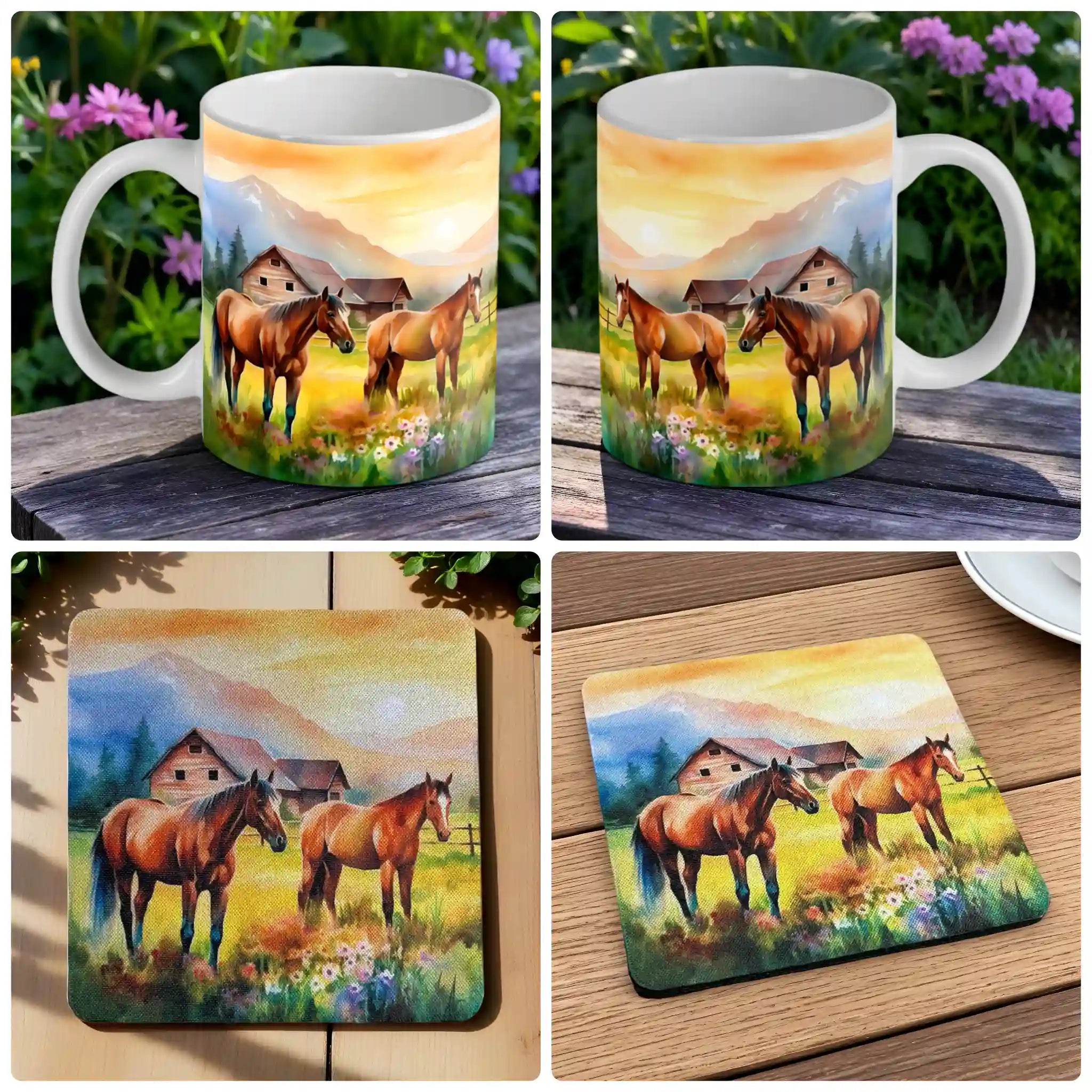 Peaceful Horses Farm Scene mug and coaster combo gift set collage, featuring majestic horses and a rustic background, by Laser Design Creations.