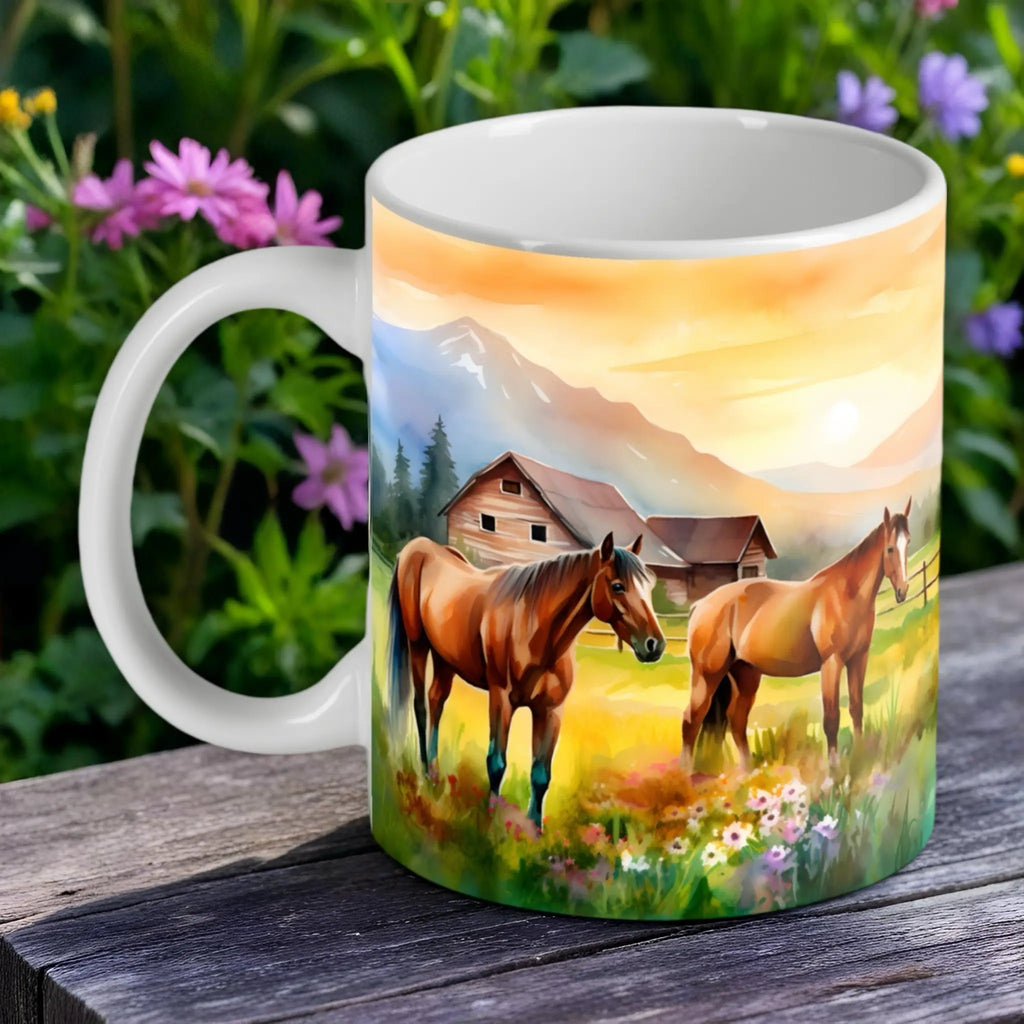 Peaceful Horses Farm Scene ceramic mug by Laser Design Creations, featuring two horses in a field with barns and a sunset background.