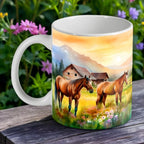 Peaceful Horses Farm Scene ceramic mug by Laser Design Creations, featuring two horses in a field with barns and a sunset background.