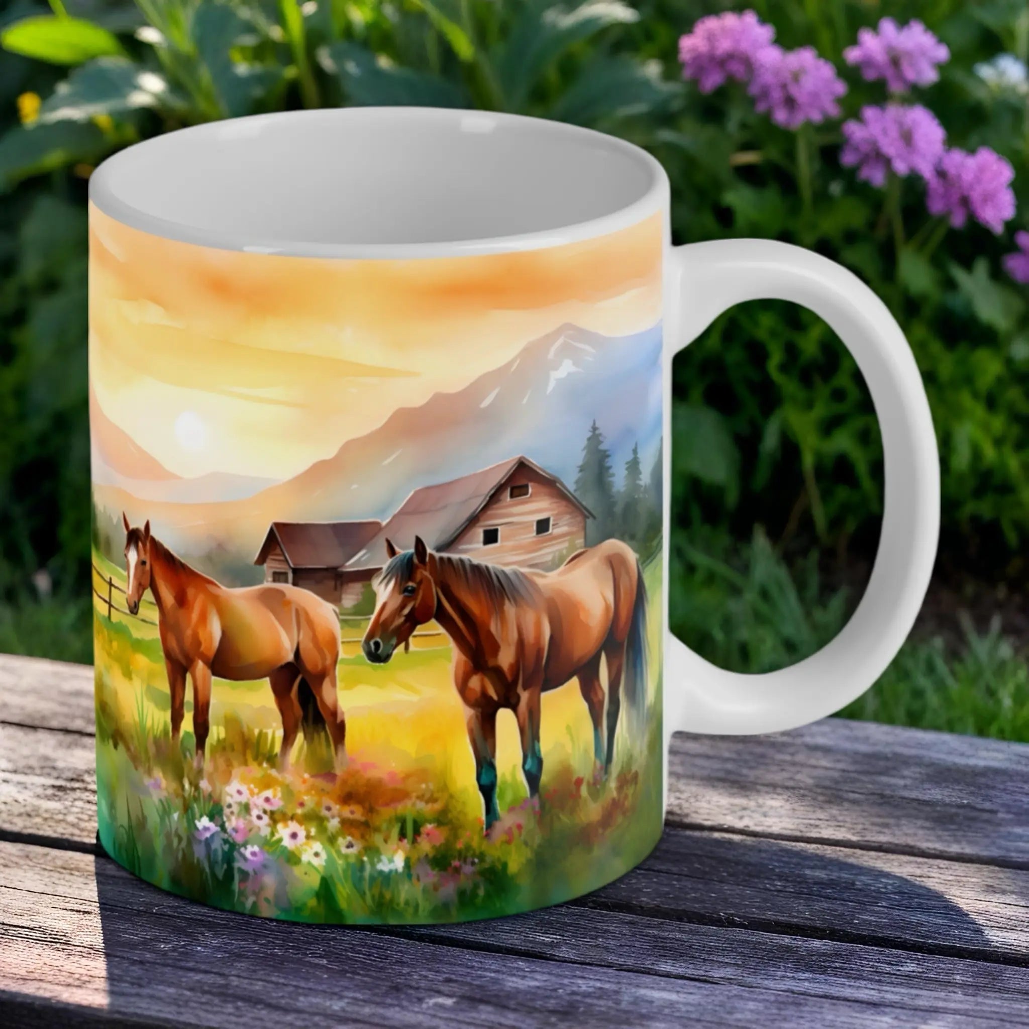 Reverse side of Peaceful Horses Farm Scene mug, showing two horses in a rustic country paddock by Laser Design Creations.