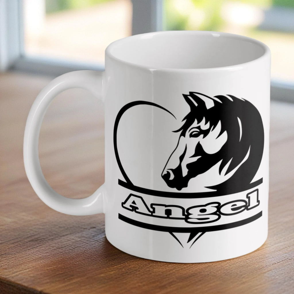 Personalised Horse Heart Silhouette ceramic mug by Laser Design Creations, featuring a customisable name below a horse and heart graphic.