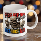 Reverse side of Piss Me Off Again 11oz ceramic mug, showcasing the humorous threat quote about playing a game called duct tape by Laser Design Creations.