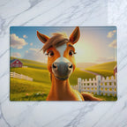 Cute 3D cartoon horse in a sunny farm landscape chopping board from Laser Design Creations