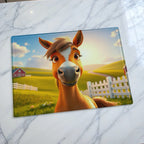 Vibrant farm animal chopping board from Laser Design Creations featuring a cheerful cartoon pony in a picturesque rural meadow with rolling green hills.