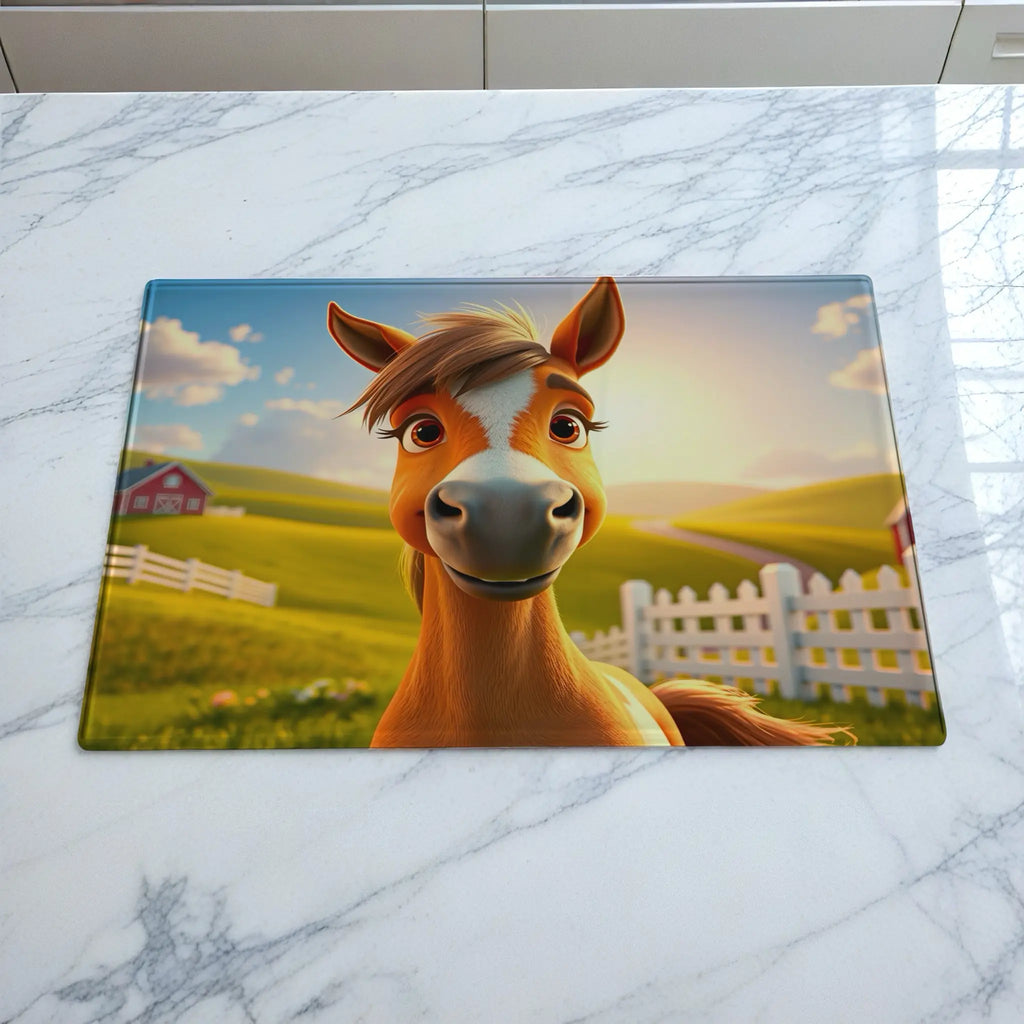 Playful cartoon horse chopping board by Laser Design Creations, featuring an adorable smiling horse standing in a colourful farm pasture under a sunny sky.