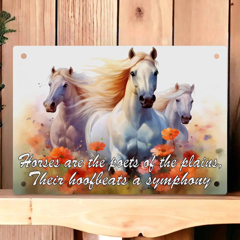 Poets of the Plains Quote Aluminium Sign by Laser Design Creations, featuring majestic white horses with flowing manes against a watercolour floral background.