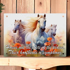 Poets of the Plains Quote Aluminium Sign by Laser Design Creations, featuring majestic white horses with flowing manes against a watercolour floral background.