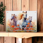 White Horses Poets Plains Quote Aluminium Sign by Laser Design Creations, featuring the quote "Horses are the poets of the plains. Their hoofbeats a symphony" in a majestic watercolour style.