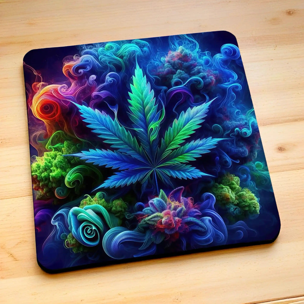 Side view of Psychedelic Cannabis Leaf neoprene coaster with a close up of the black non slip base and colourful top design, by Laser Design Creations.
