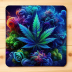 Top view of Psychedelic Cannabis Leaf neoprene coaster with a detailed colourful weed leaf design swirling in vibrant trippy smoke, by Laser Design Creations.