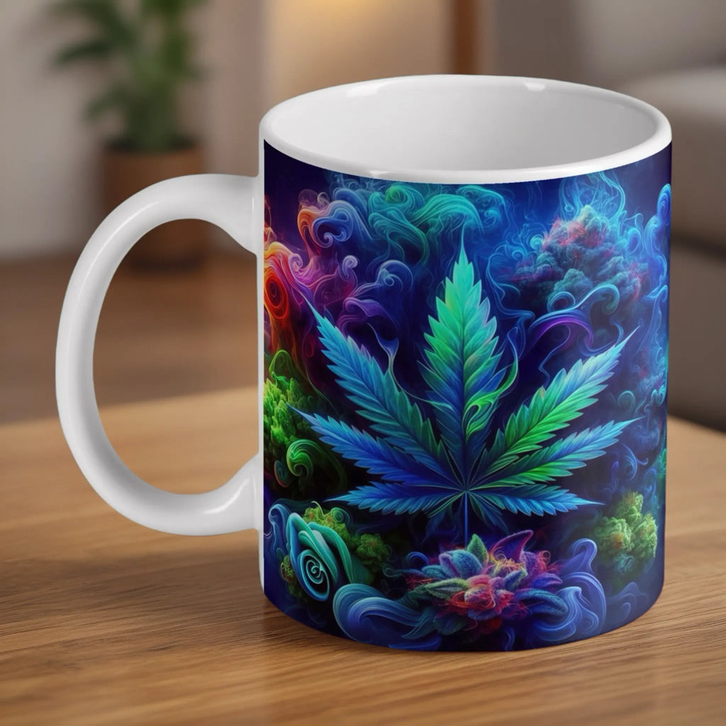 Psychedelic Cannabis Leaf ceramic mug by Laser Design Creations, featuring vibrant colourful smoke clouds surrounding a trippy weed leaf over a dark background.