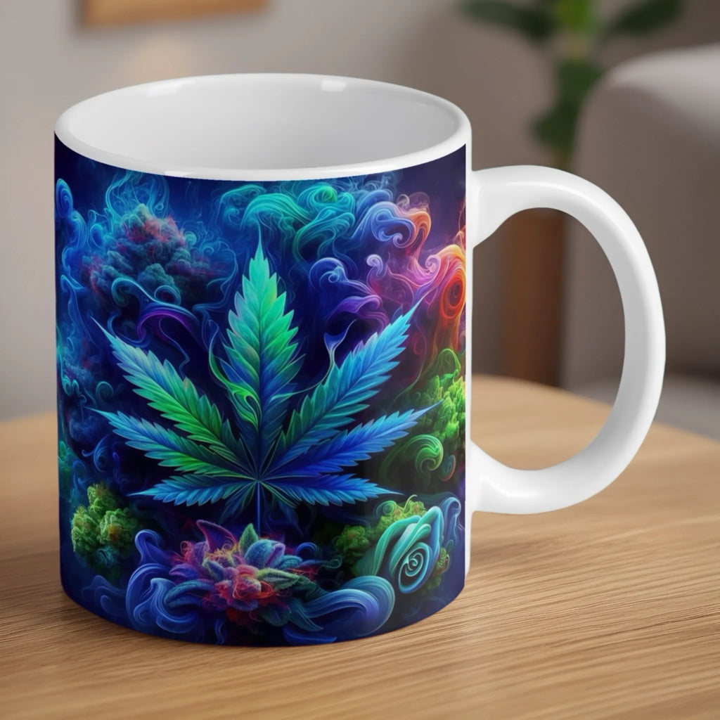 Reverse side of Psychedelic Cannabis Leaf mug, displaying a matching scene of trippy multicoloured smoke and cannabis leaf patterns by Laser Design Creations.