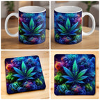 Psychedelic Cannabis Leaf mug and coaster combo gift set collage, featuring trippy cannabis leaves with vibrant colourful smoke on a dark background, by Laser Design Creations.