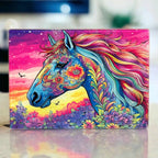 A vibrant and psychedelic design of a horse silhouette filled with colourful flowers against a sunset backdrop chopping board from Laser Design Creations.