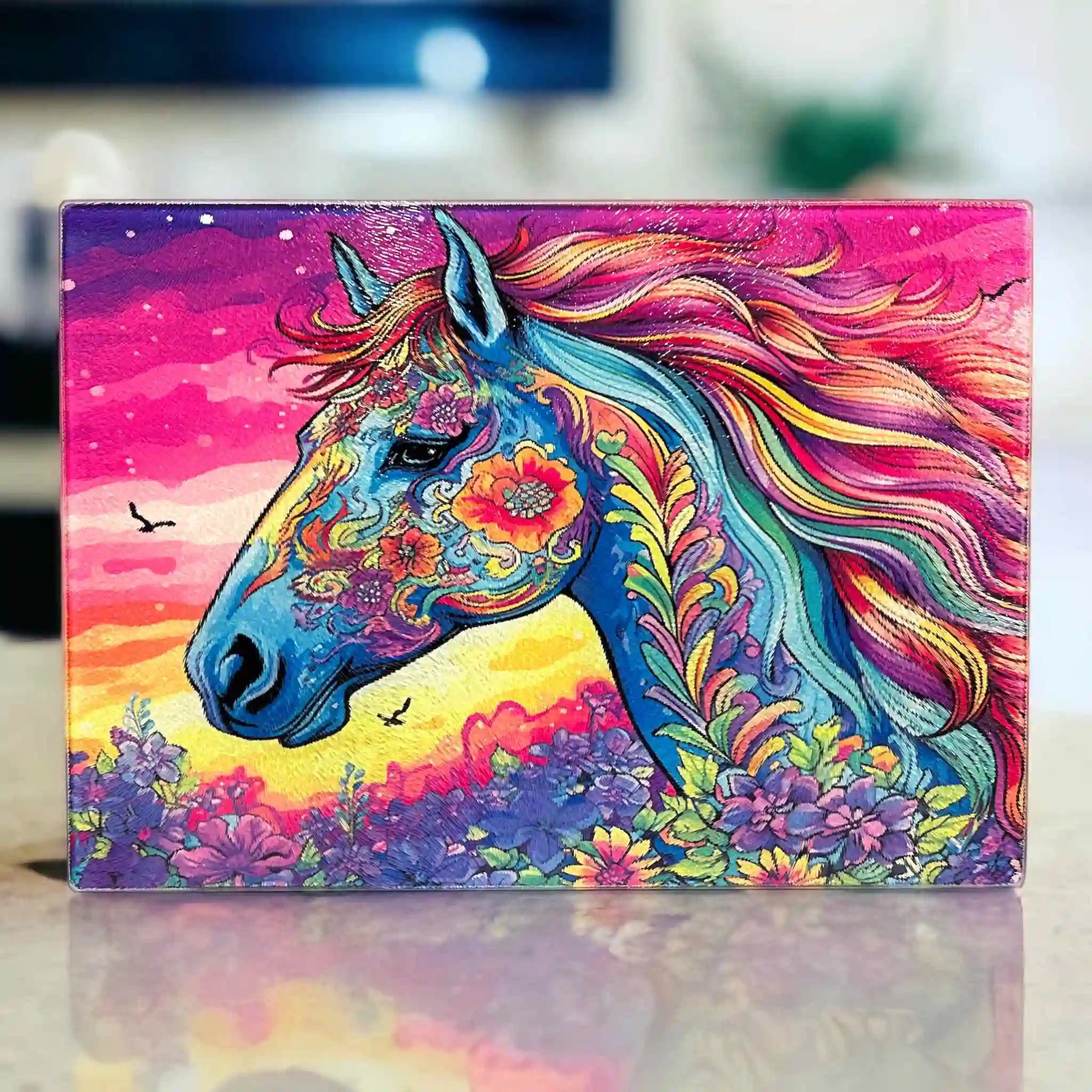 A vibrant and psychedelic design of a horse silhouette filled with colourful flowers against a sunset backdrop chopping board from Laser Design Creations.