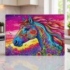 A vibrant and psychedelic design of a horse silhouette filled with colourful flowers against a sunset backdrop chopping board from Laser Design Creations.