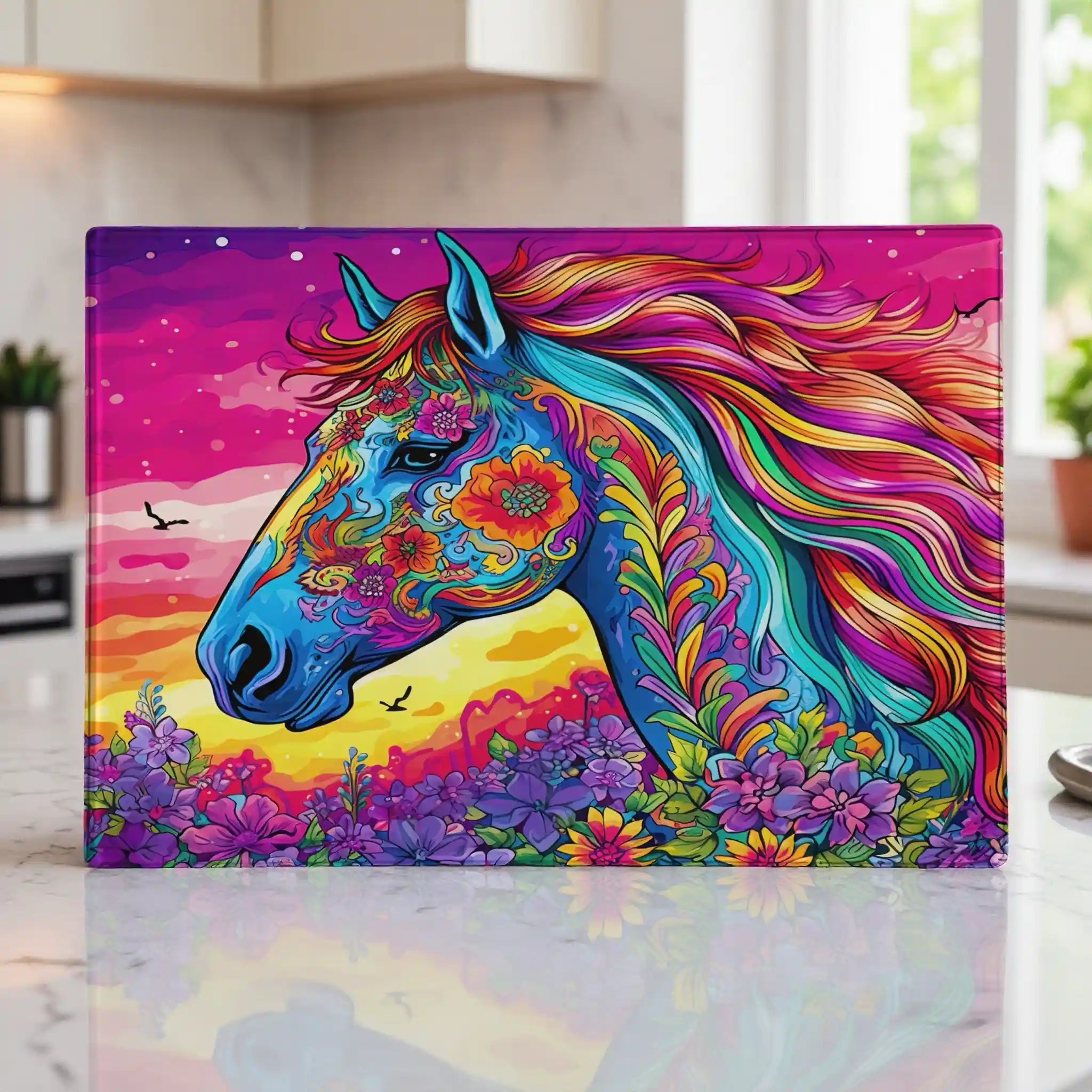 A vibrant and psychedelic design of a horse silhouette filled with colourful flowers against a sunset backdrop chopping board from Laser Design Creations.