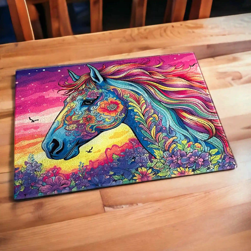Vibrant Floral Horse Sunset chopping board by Laser Design Creations, featuring a psychedelic horse silhouette filled with bohemian flowers set against a colourful sunset.