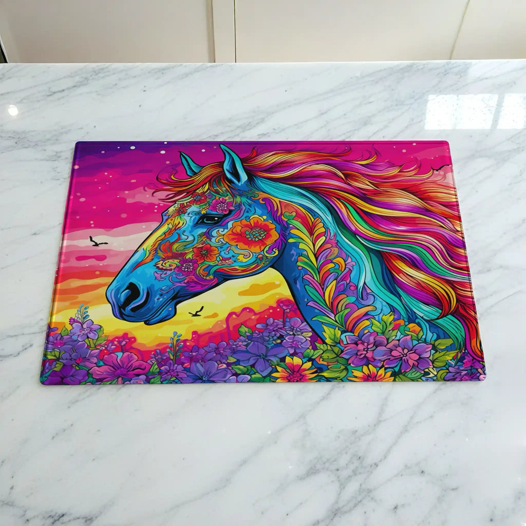 Vibrant Floral Horse Sunset chopping board by Laser Design Creations, featuring a psychedelic horse silhouette filled with bohemian flowers set against a colourful sunset.