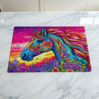Vibrant Floral Horse Sunset chopping board by Laser Design Creations, featuring a psychedelic horse silhouette filled with bohemian flowers set against a colourful sunset.