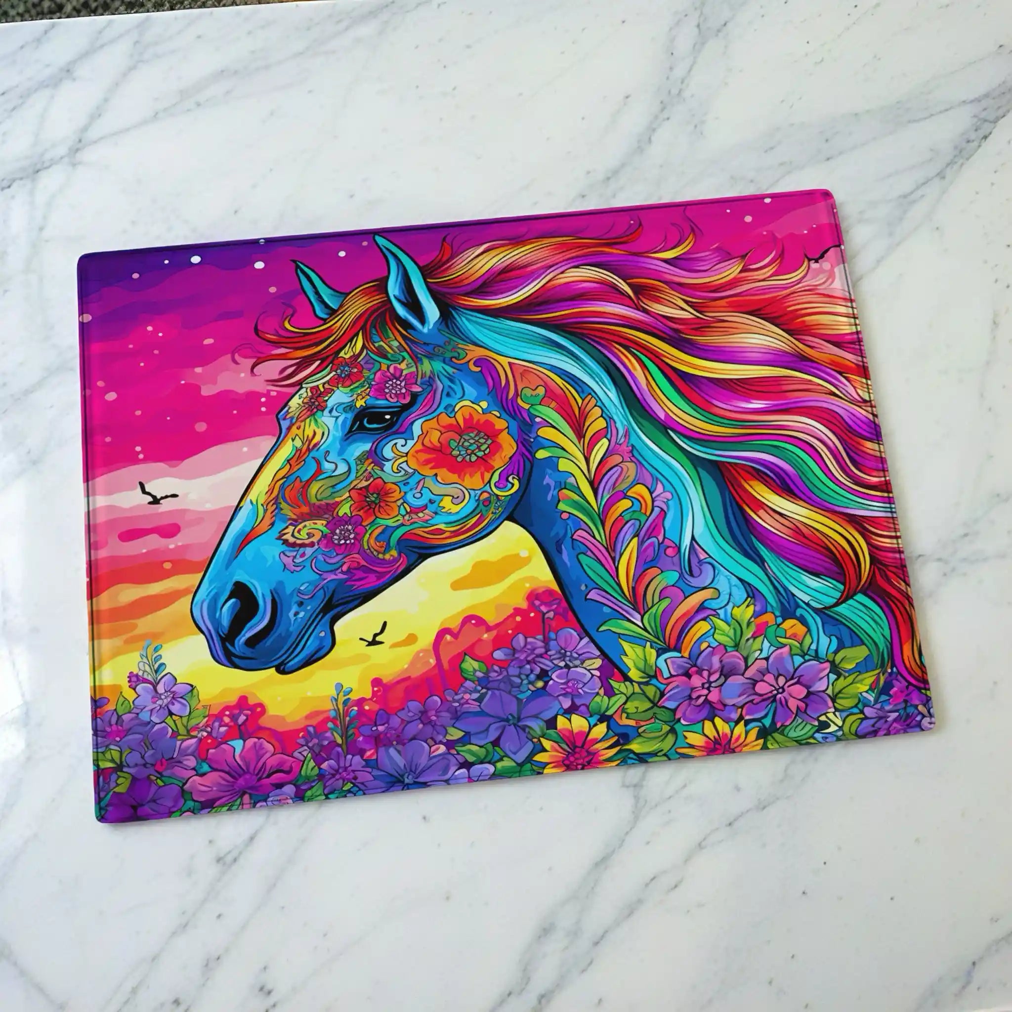 Vibrant Floral Horse Sunset chopping board by Laser Design Creations, featuring a psychedelic horse silhouette filled with bohemian flowers set against a colourful sunset. Displayed on a marble countertop.