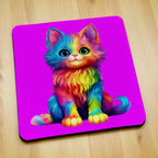 Side view of Psychedelic Rainbow Cat style 1 neoprene coasters, showcasing a whimsical, fluffy kitten with vibrant and colourful psychedelic rainbow hues by Laser Design Creations.