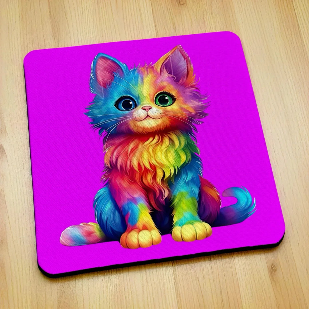 Side view of Psychedelic Rainbow Cat style 1 neoprene coasters, showcasing a whimsical, fluffy kitten with vibrant and colourful psychedelic rainbow hues by Laser Design Creations.