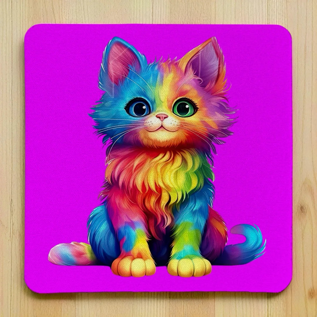 Psychedelic Rainbow Cat style 1 neoprene coasters by Laser Design Creations, featuring a vibrant, colourful and whimsical fluffy kitten with a psychedelic rainbow design.